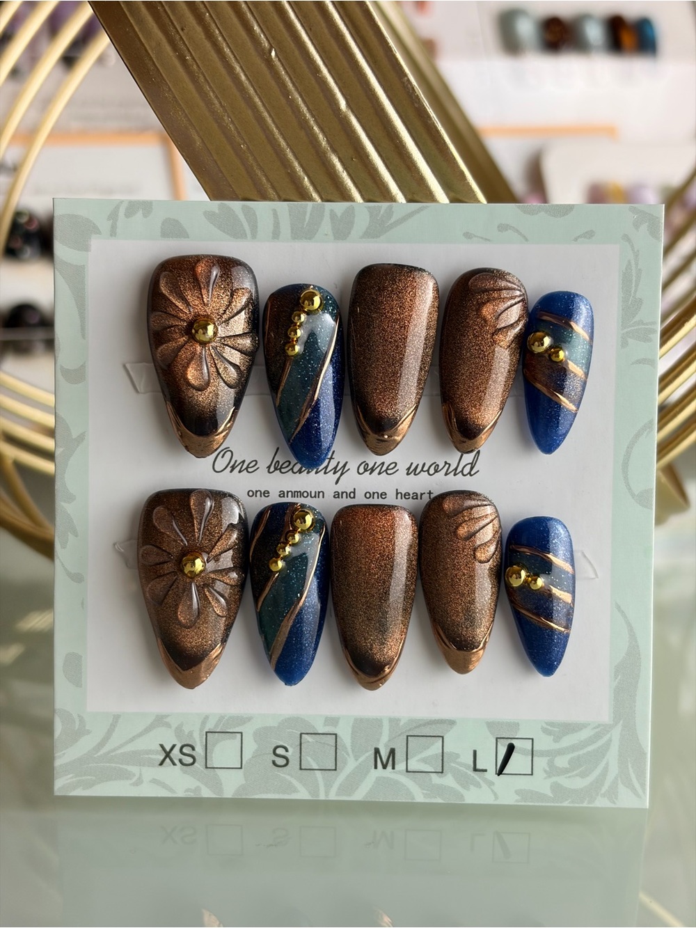 Handcrafted Metallic Bronze & Navy Press-On Nail Set - Women Large